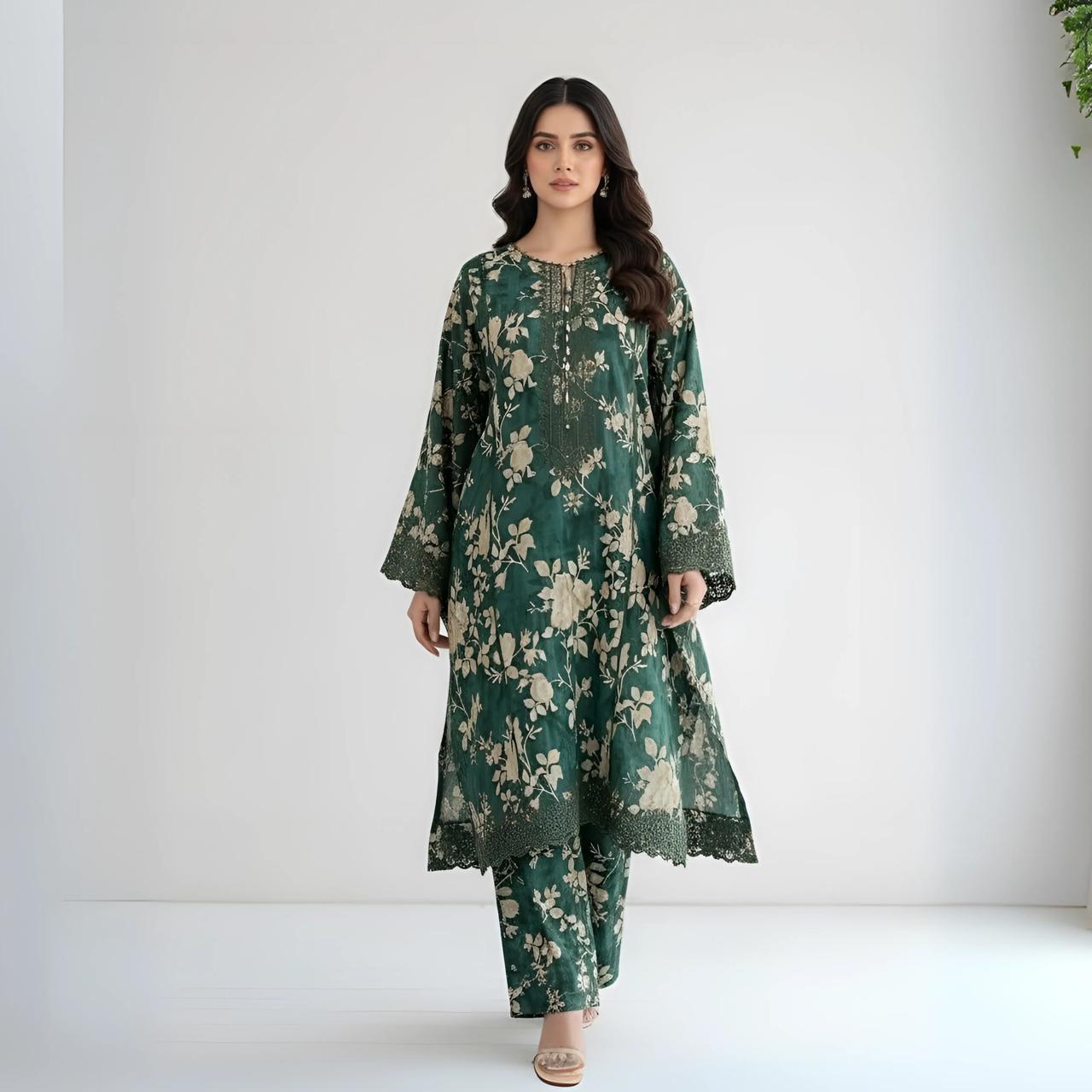 Green Emerald Bloom – 2 Piece Embroidered Lawn Suit