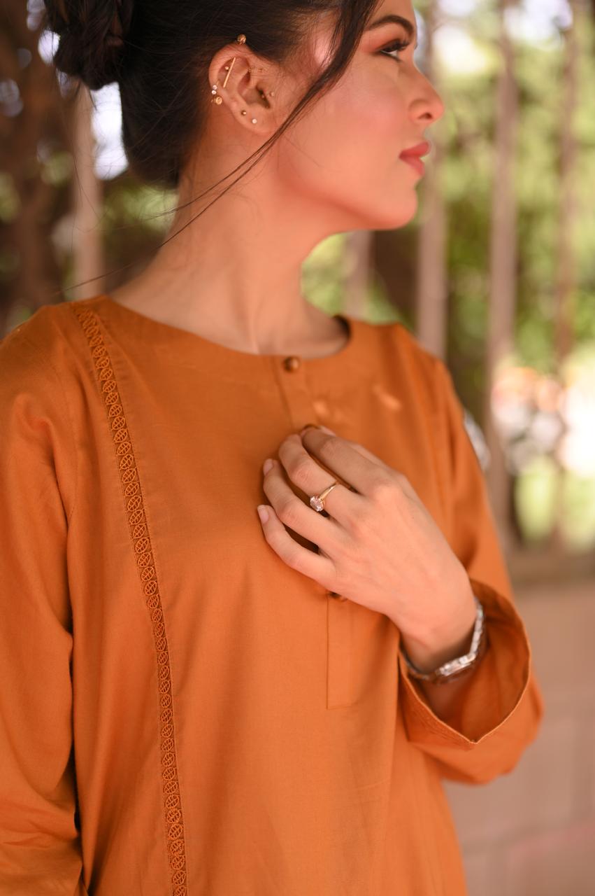Rust Brown Premium Lawn Cotton Kurti and Trouser Set (2-Piece)