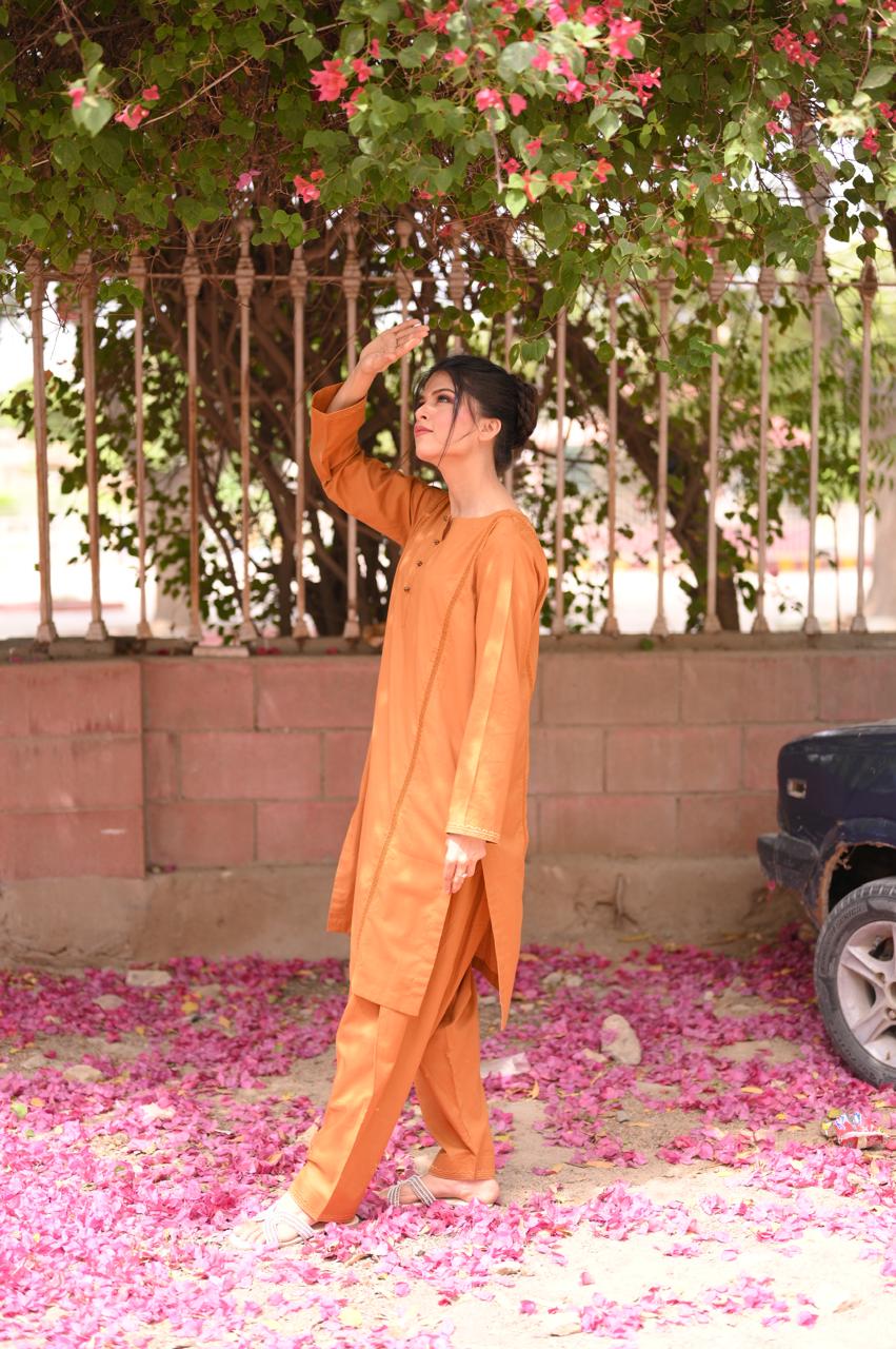 Rust Brown Premium Lawn Cotton Kurti and Trouser Set (2-Piece)