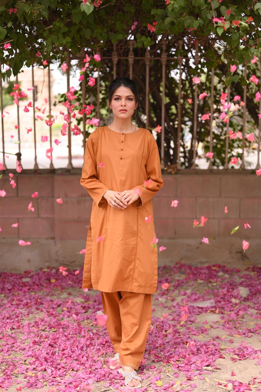 Rust Brown Premium Lawn Cotton Kurti and Trouser Set (2-Piece)
