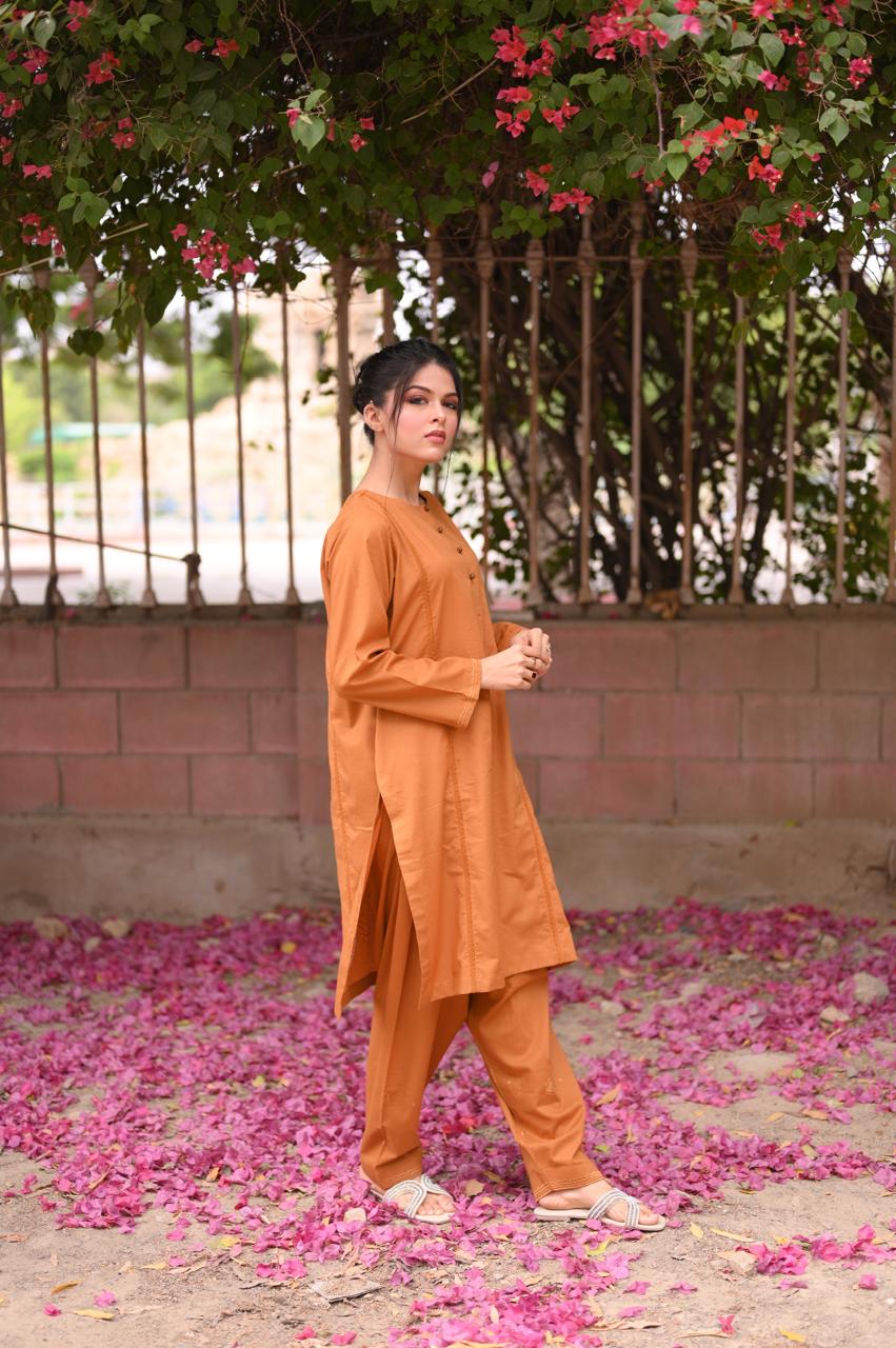 Rust Brown Premium Lawn Cotton Kurti and Trouser Set (2-Piece)