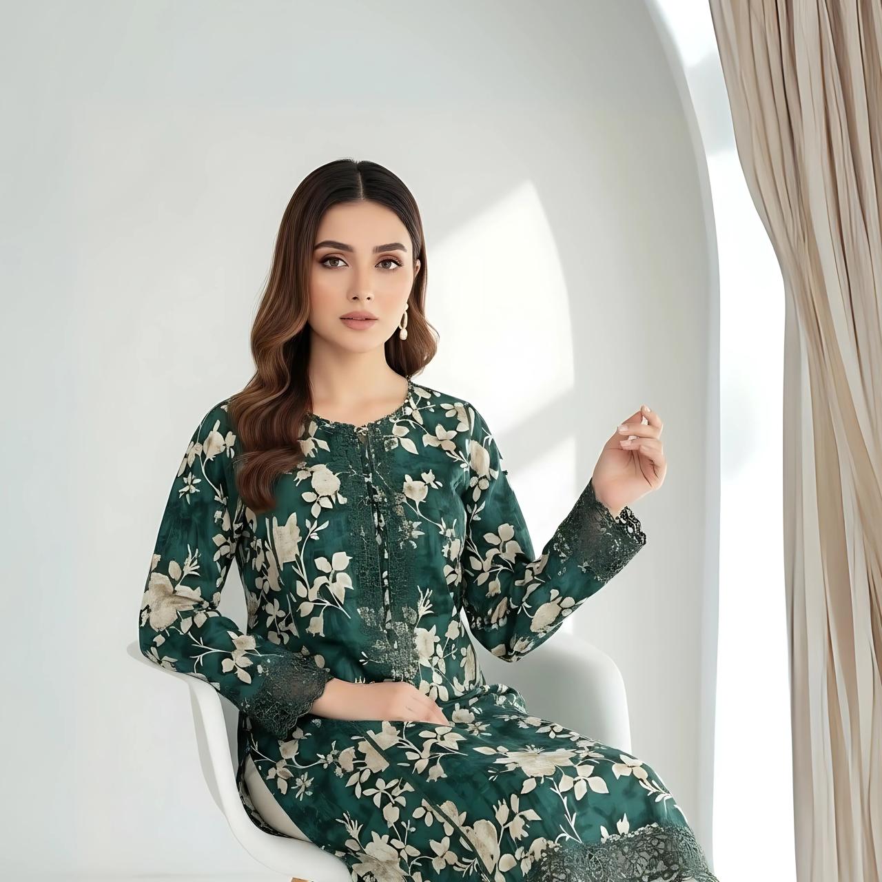 Green Emerald Bloom – 2 Piece Embroidered Lawn Suit