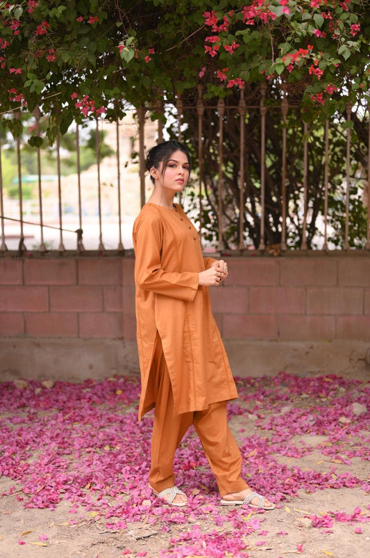 Rust Brown Premium Lawn Cotton Kurti and Trouser Set (2-Piece)